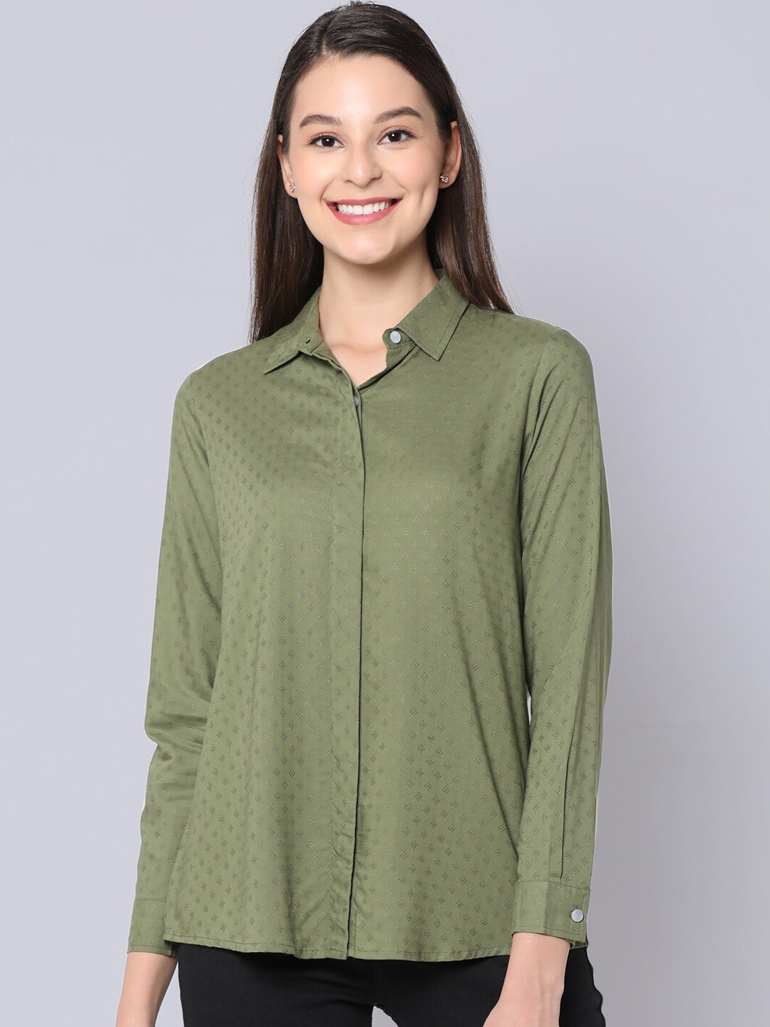 

CINNAMON CLOSET Olive Self Design Shirt Style Top
