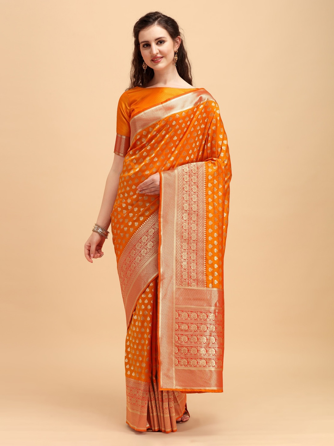 

House of Pataudi Mustard & Gold-Toned Ethnic Motifs Zari Jashn Saree