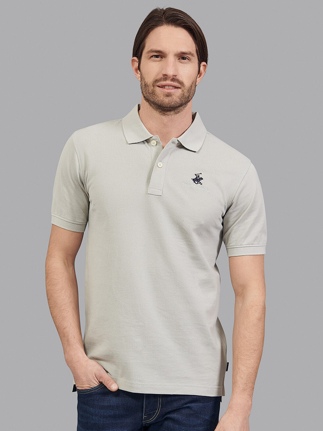 

Beverly Hills Polo Club Men Grey Solid Polo Collar T-shirt