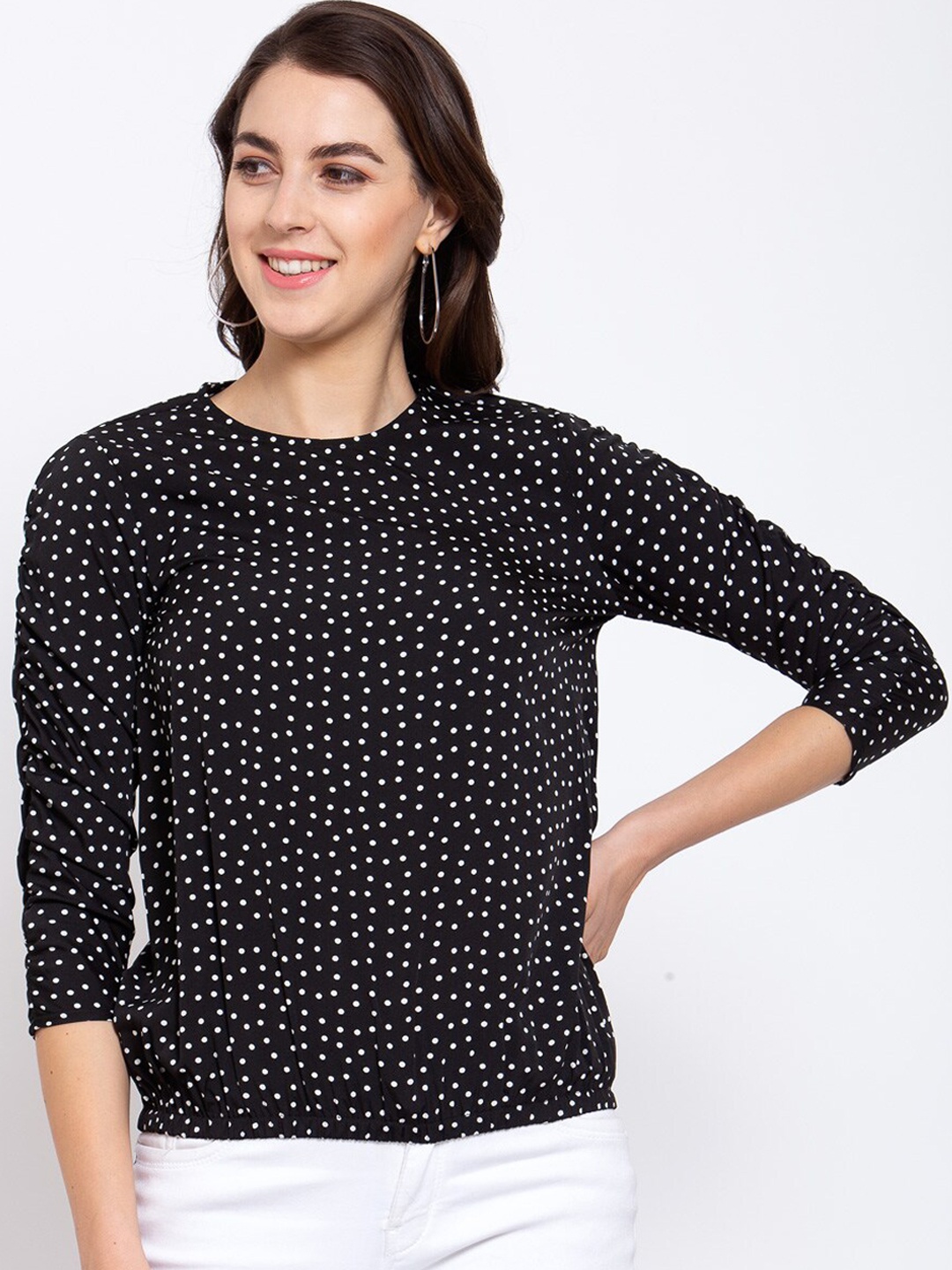 

Style Quotient Black & White Polka Dot Printed Crepe Regular Top