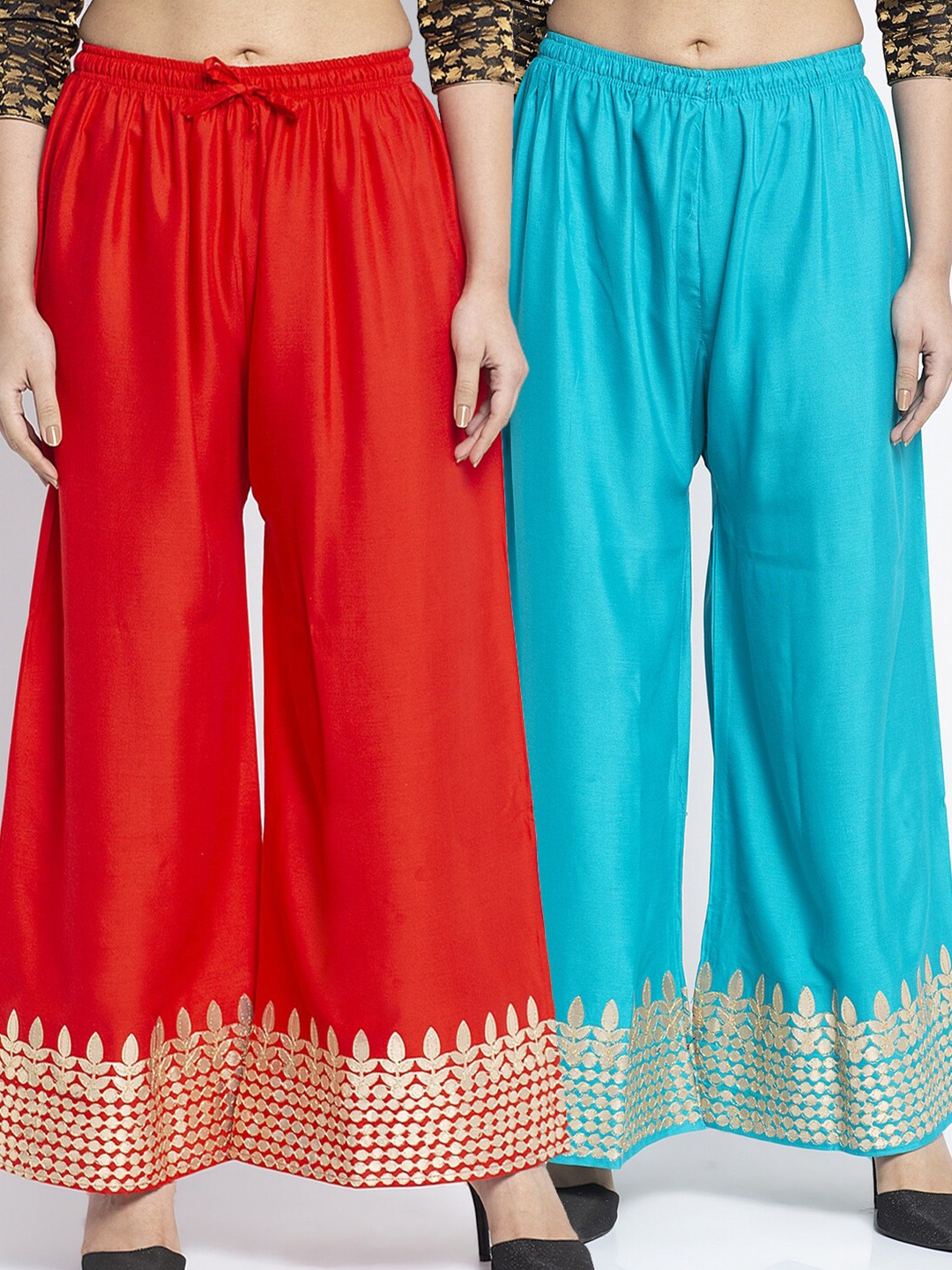 

GRACIT Women Pack Of 2 Red & Turquoise Blue Hem Design Knitted Palazzos