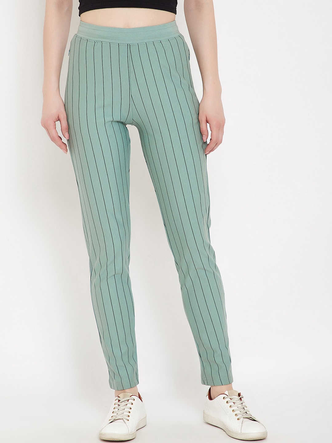 

Okane Women Mint Green & Black Striped Track Pants