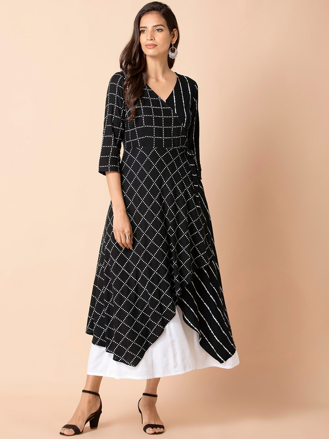 INDYA Black & White Geometric Double Layered Angrakha Dress