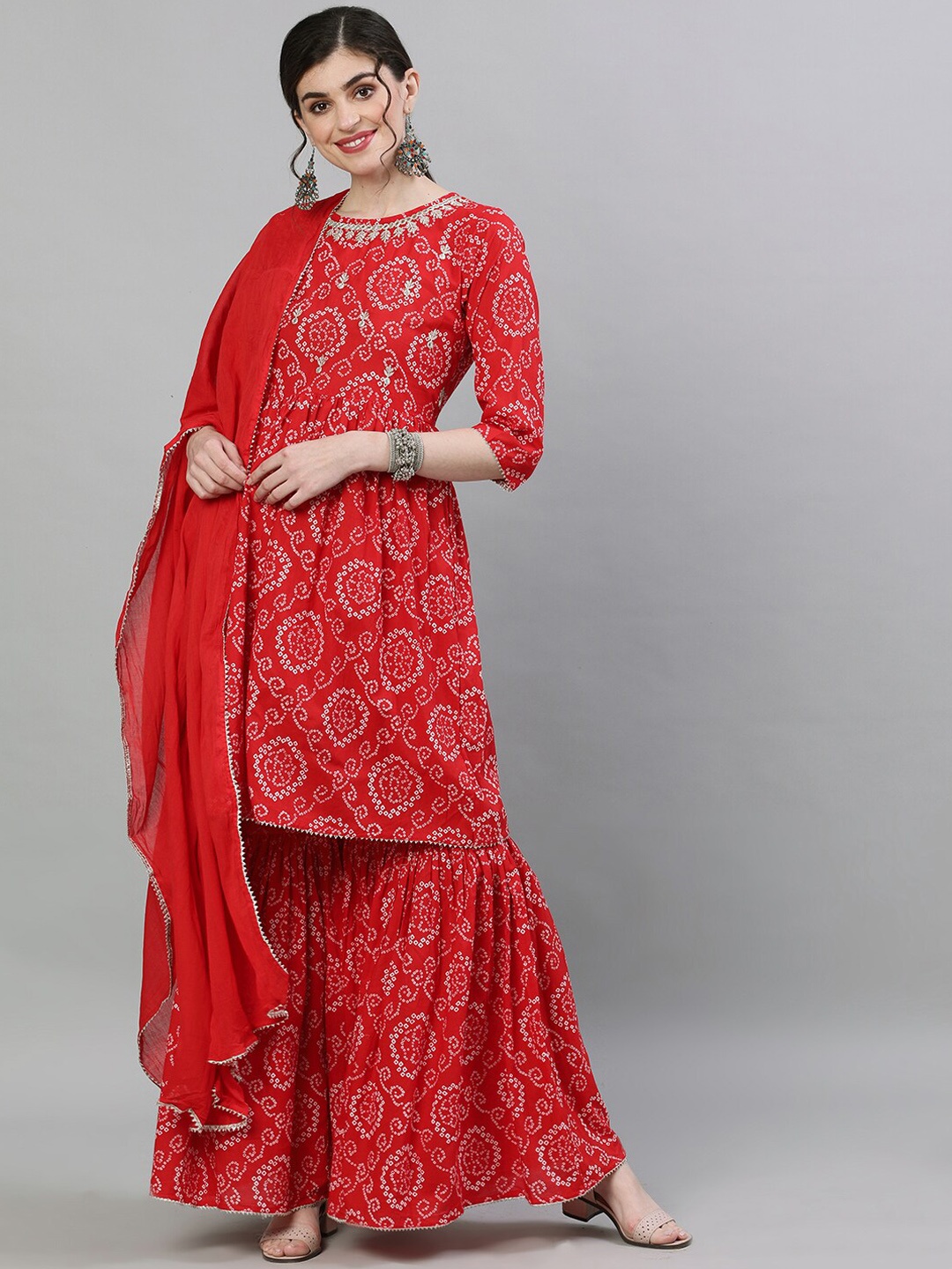 

Ishin Women Red Embroidered Pure Cotton Kurti With Sharara & Dupatta