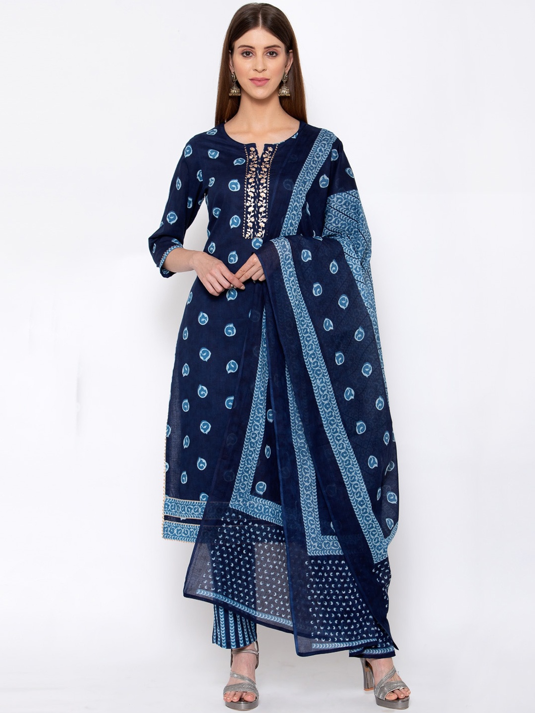 

Yuris Women Navy Blue Ethnic Motifs Printed Layered Pure Cotton Kurta with Trousers & With Dupatta