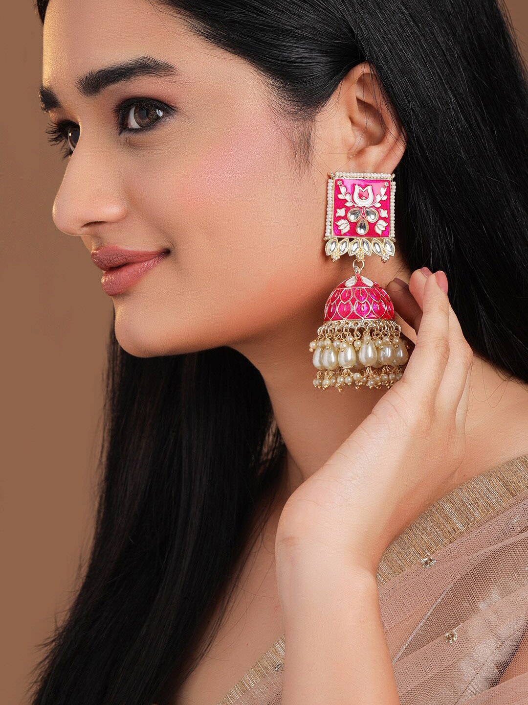 

Rubans 18K Gold-Plated Pink Kundan & White Beads Studded Enamel Handcrafted Dome Jhumka