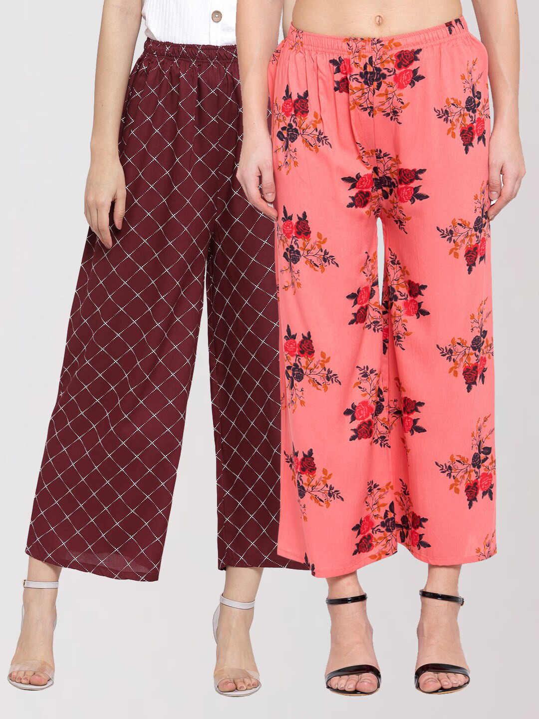 

KLOTTHE Women Maroon & Peach-Coloured Set Of 2 Floral Printed Cropped Ethnic Palazzos