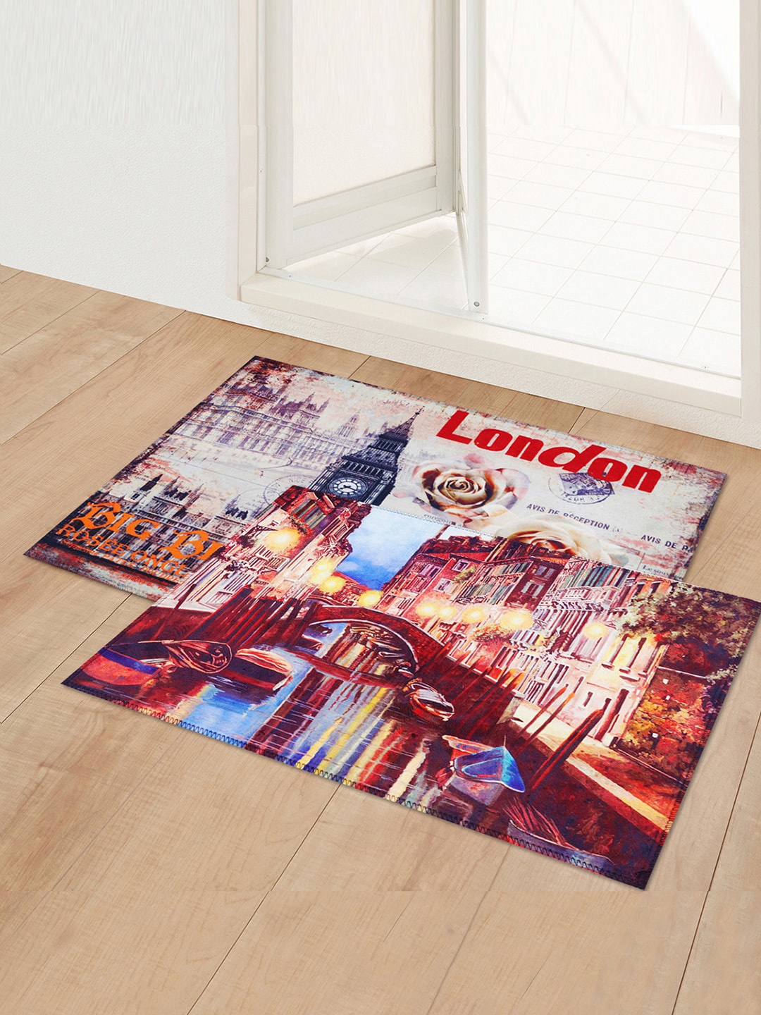 

Story@home Set Of 2 Printed Mircofibre Anti-Skid Doormats, Red