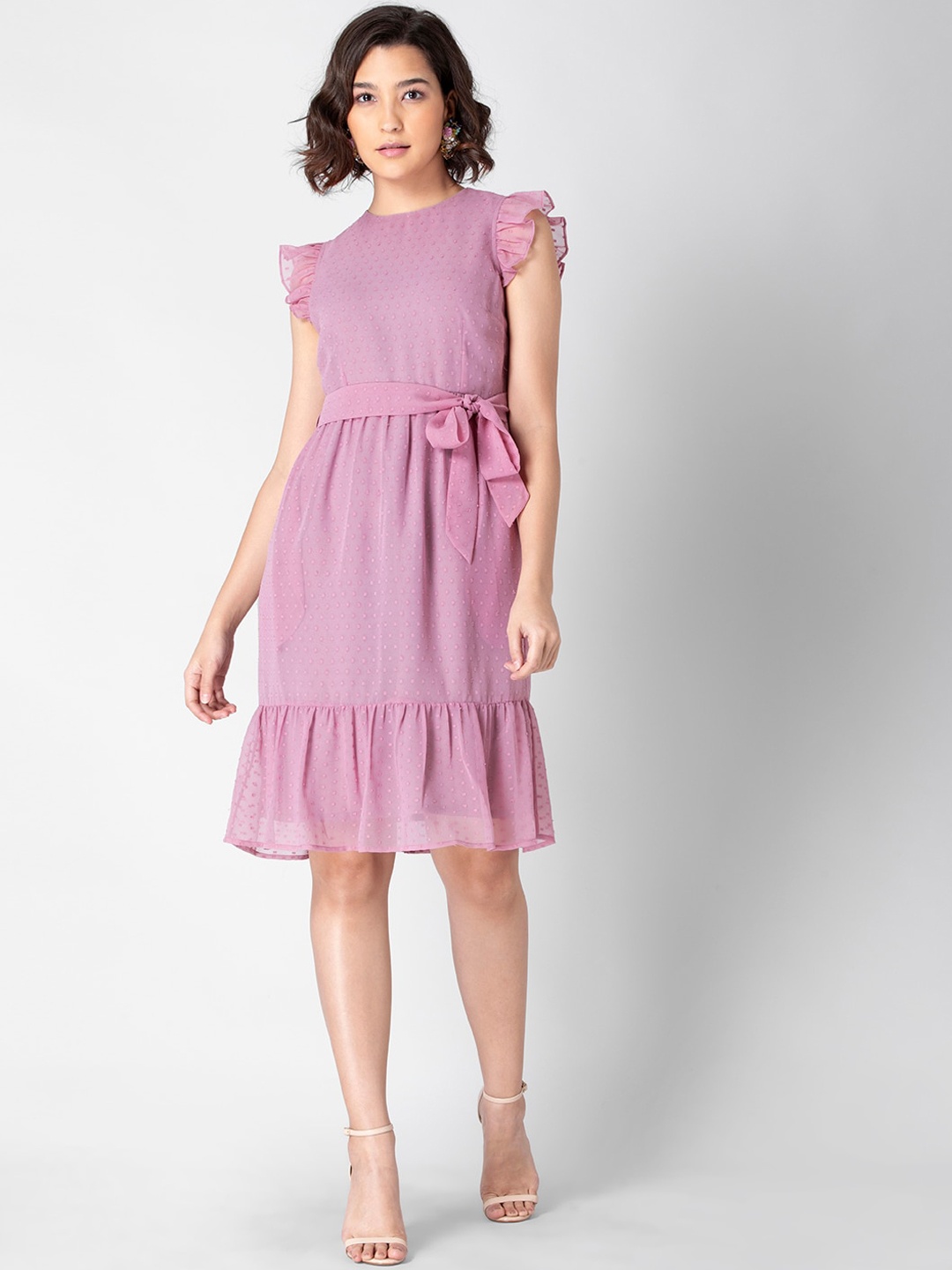 

FabAlley Mauve Self Design Ruffled Dobby Weave Fit & Flare Dress