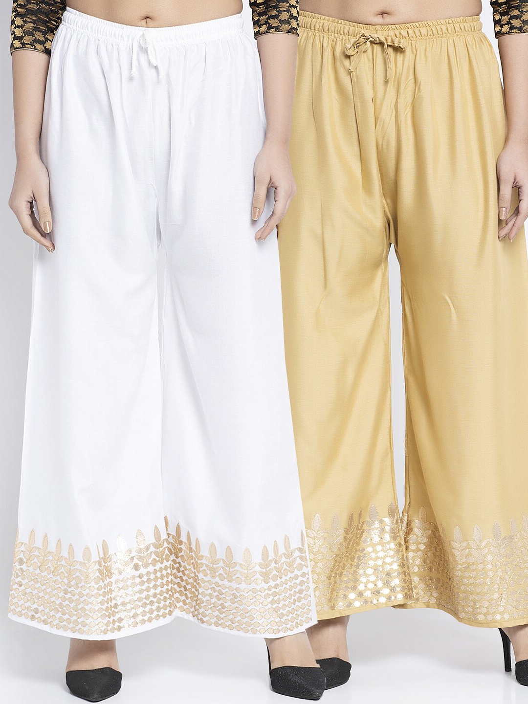 

GRACIT Women White & Beige Set Of 2 Floral Hem Design Knitted Palazzos
