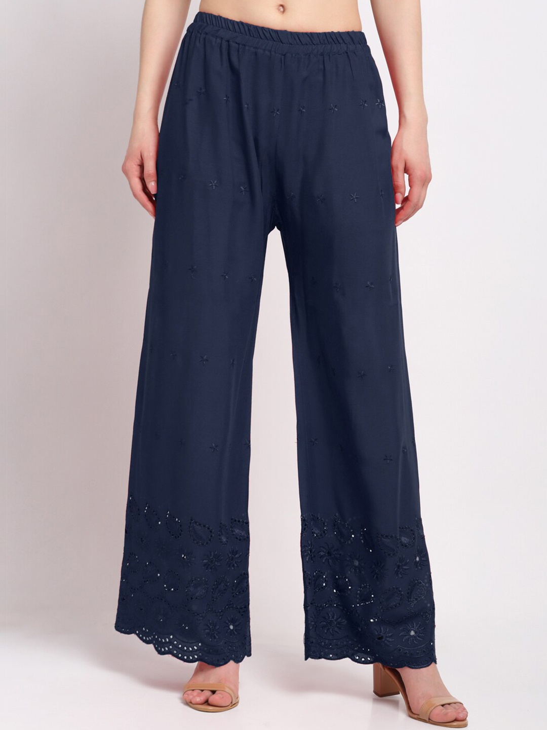 KLOTTHE Women Navy Blue Hem Design Ethnic Wide Leg Palazzos