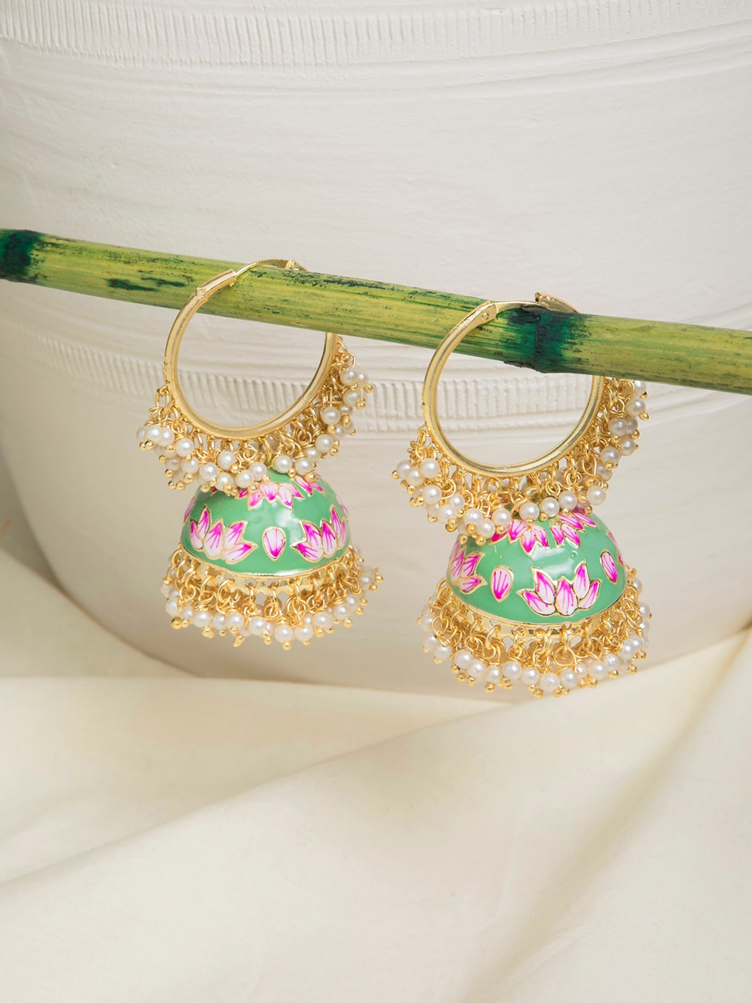 

INDYA Green Contemporary Jhumkas Earrings