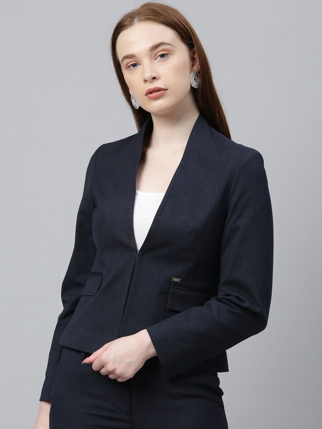 

Park Avenue Woman Women Navy Blue Solid Single-Breasted Casual Blazer