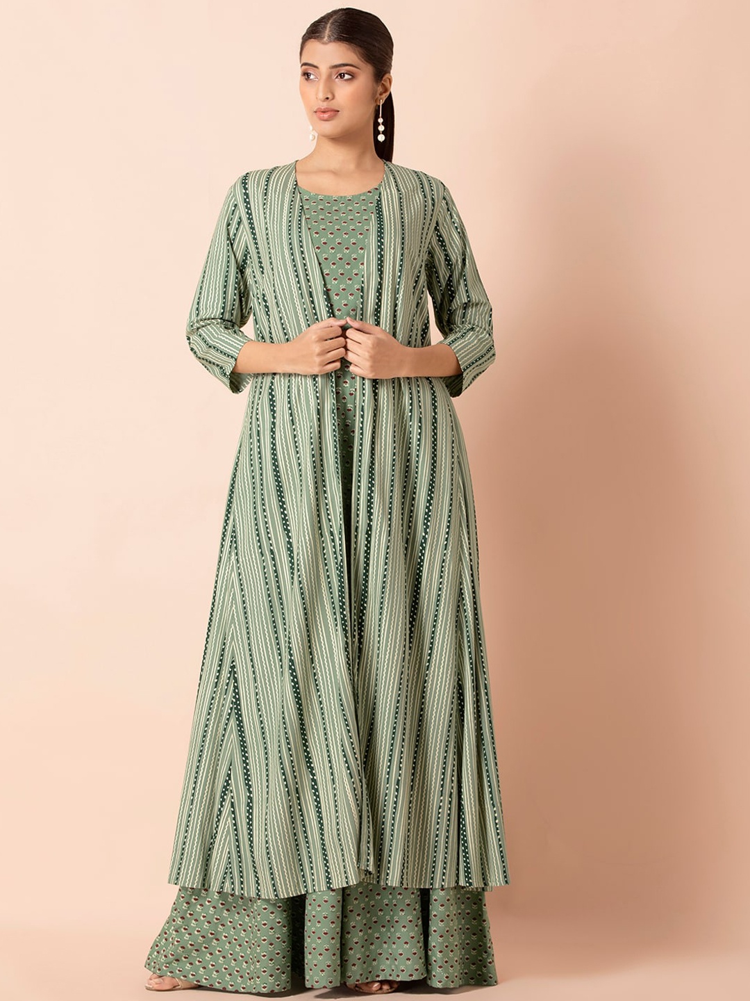 

INDYA Green Striped Flared Maxi Jacket