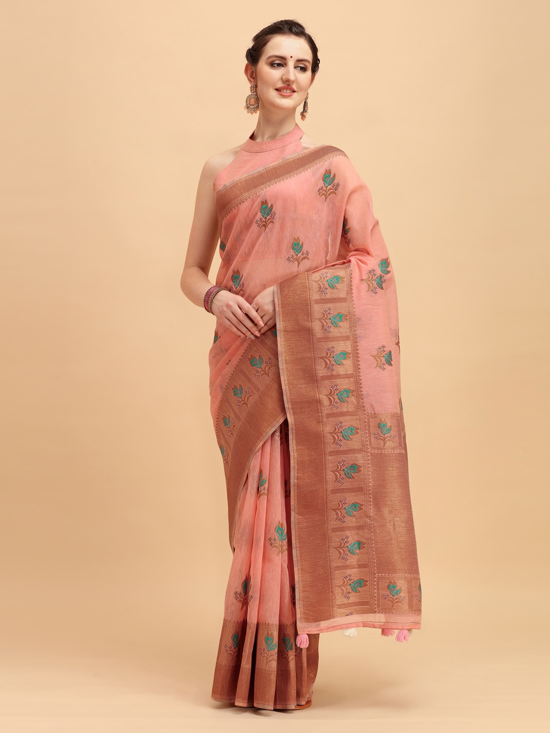 

House of Pataudi Pink & Blue Ethnic Motifs Cotton Blend Saree
