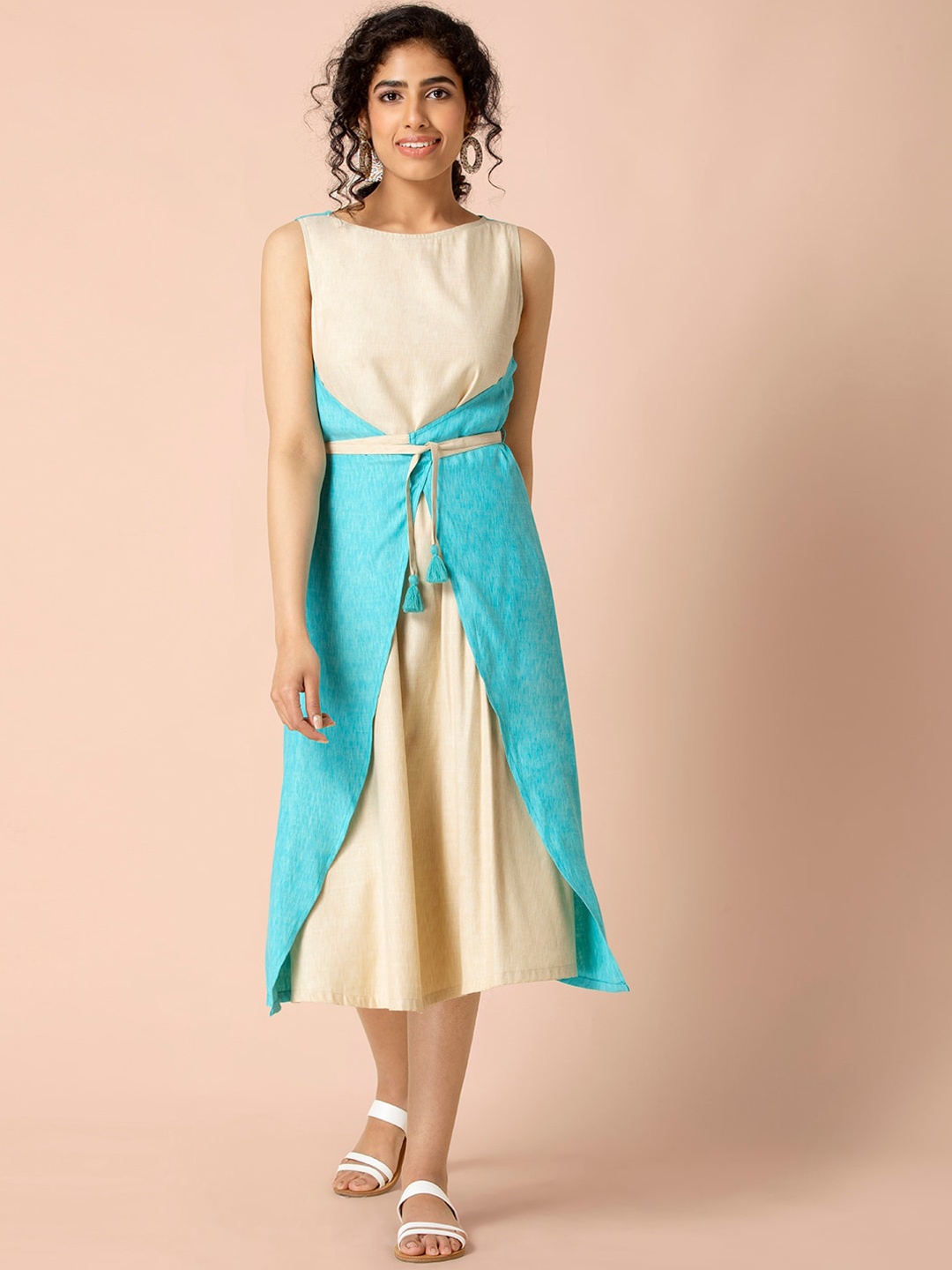 

Earthen BY INDYA Ivory Aqua Tie Up Wrap Dress, Blue