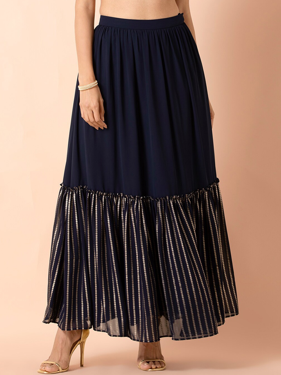 

INDYA Women Navy Blue & Gold-Coloured Striped Ruffled Maxi Skirt