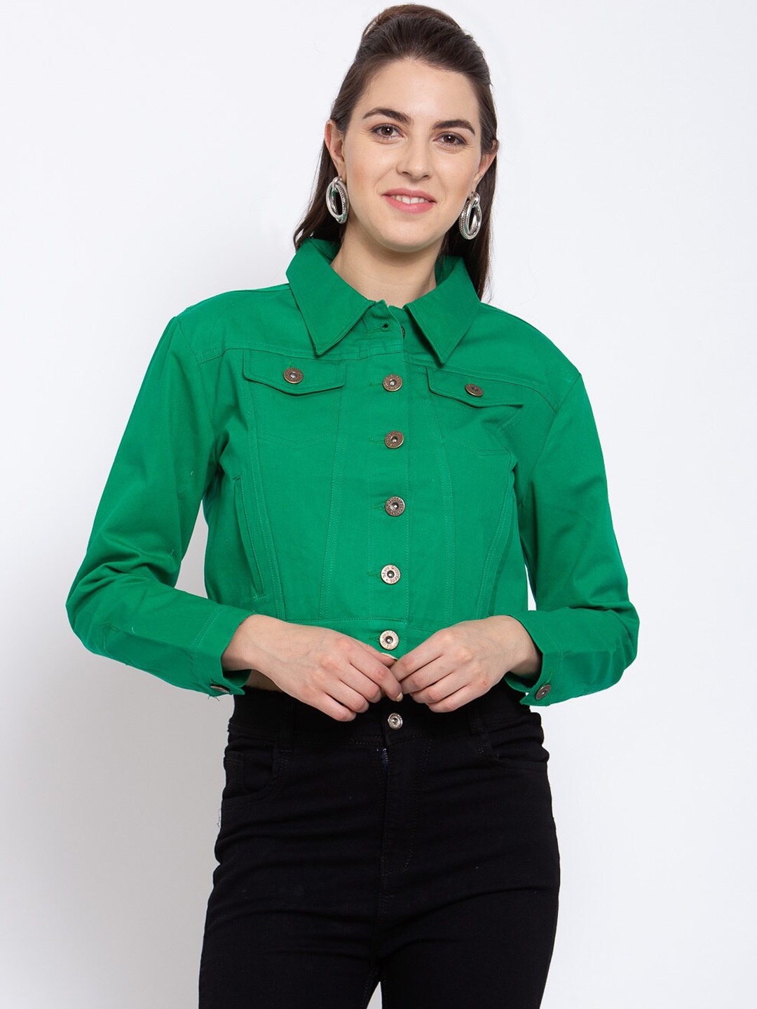 

Style Quotient Women Green Crop Denim Jacket