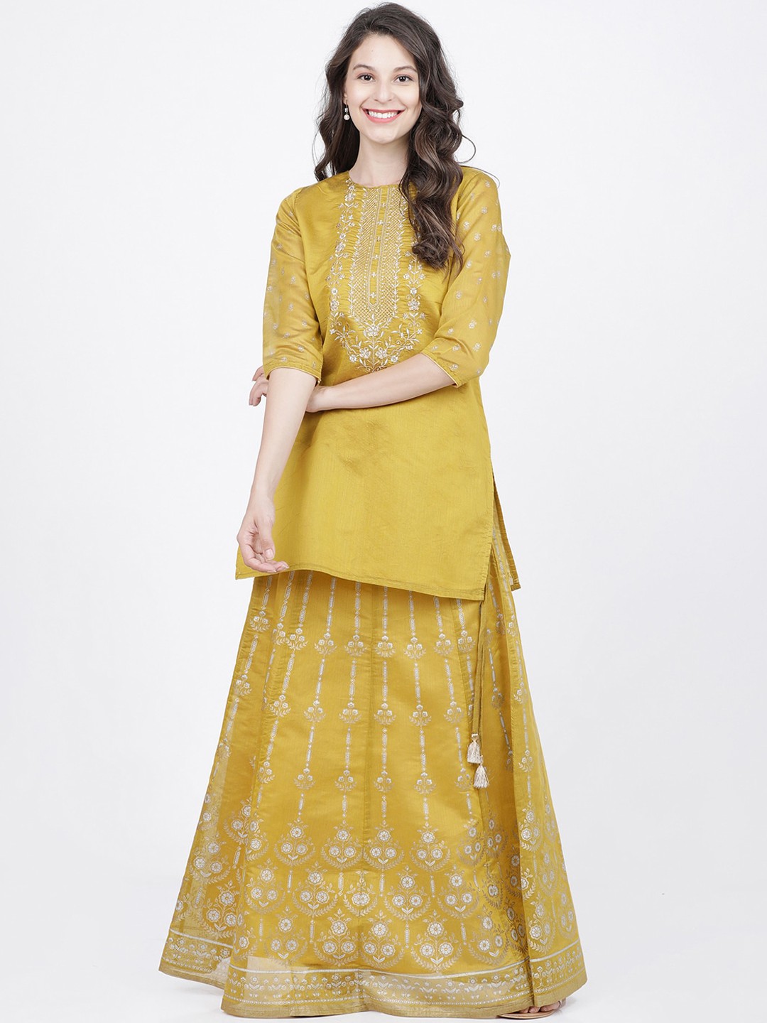 

Vishudh Women Yellow Ethnic Motifs Yoke Design Thread Work Kurta