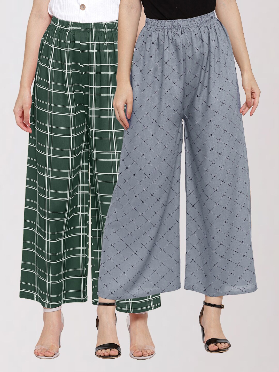 KLOTTHE Women Olive Green & Grey 2 Checked Palazzos