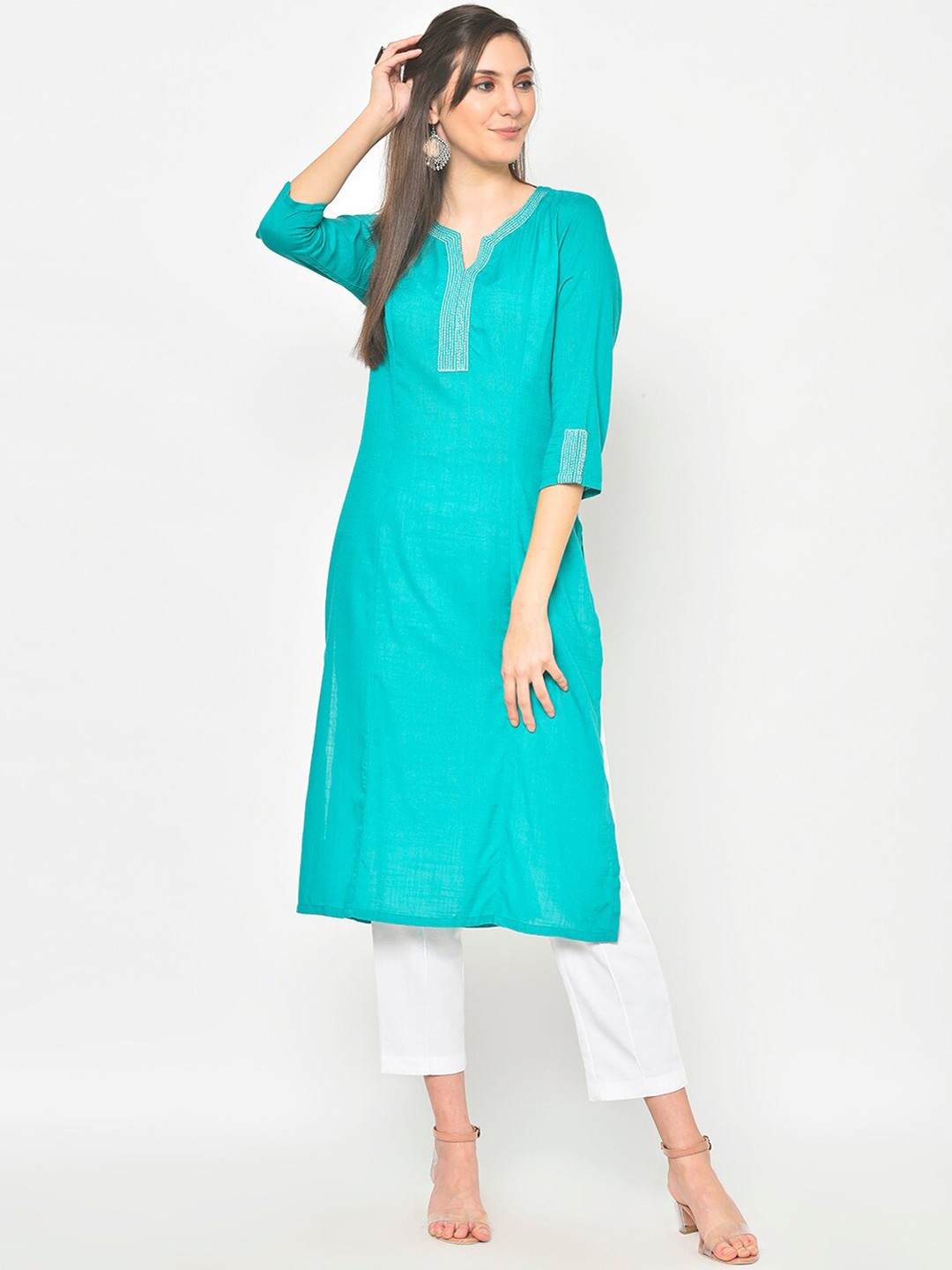 

DESI WOMANIYA Womens Turquoise Blue Embroidered Kurti