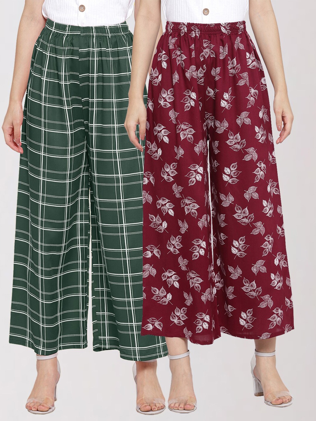 

KLOTTHE Women Green & Maroon Set of 2 Checked Palazzos
