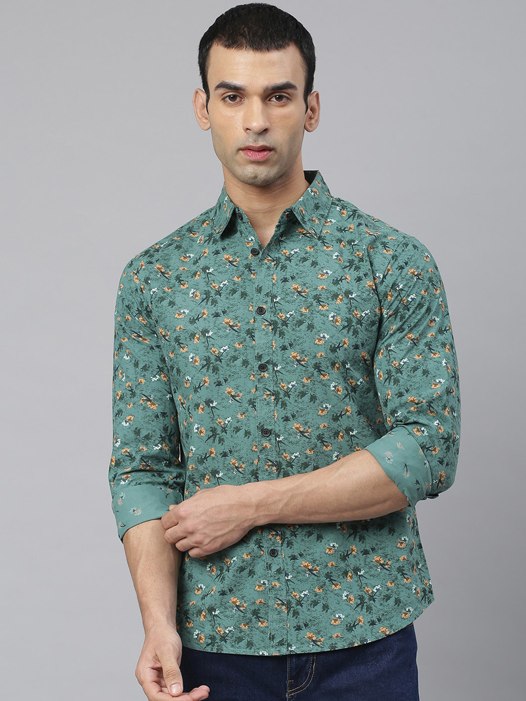 

Dennis Lingo Men Green Comfort Slim Fit Floral Printed Pure Cotton Casual Shirt