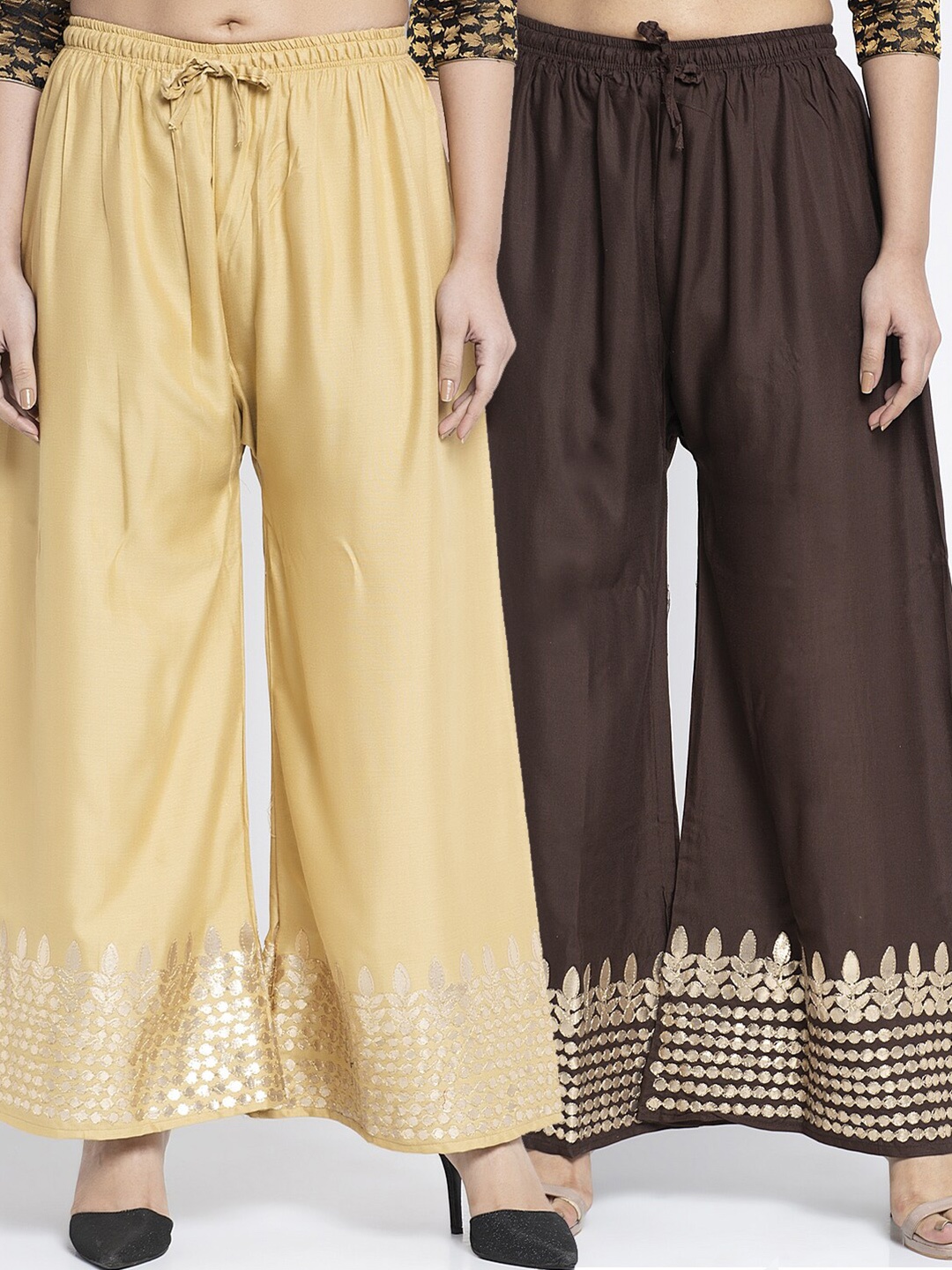 

GRACIT Women Beige & Brown Pack of 2 Floral Checked Knitted Palazzos