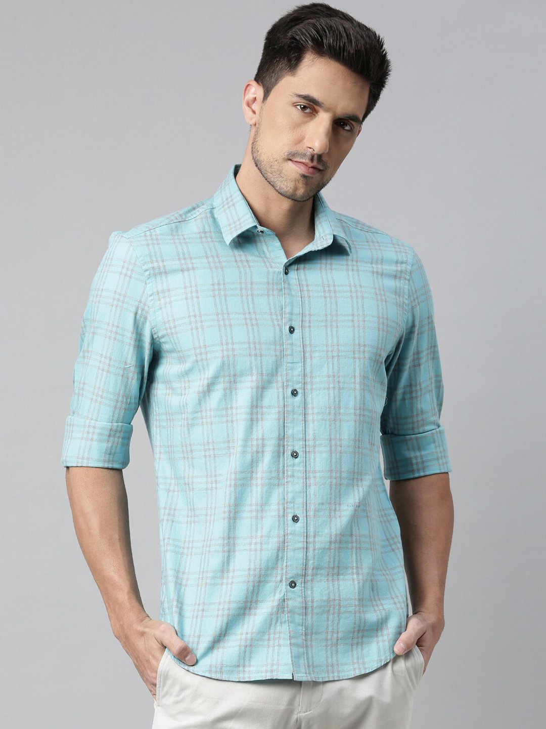 

RARE RABBIT Men Darenn Regular Fit Checked Cotton Shirt, Turquoise blue