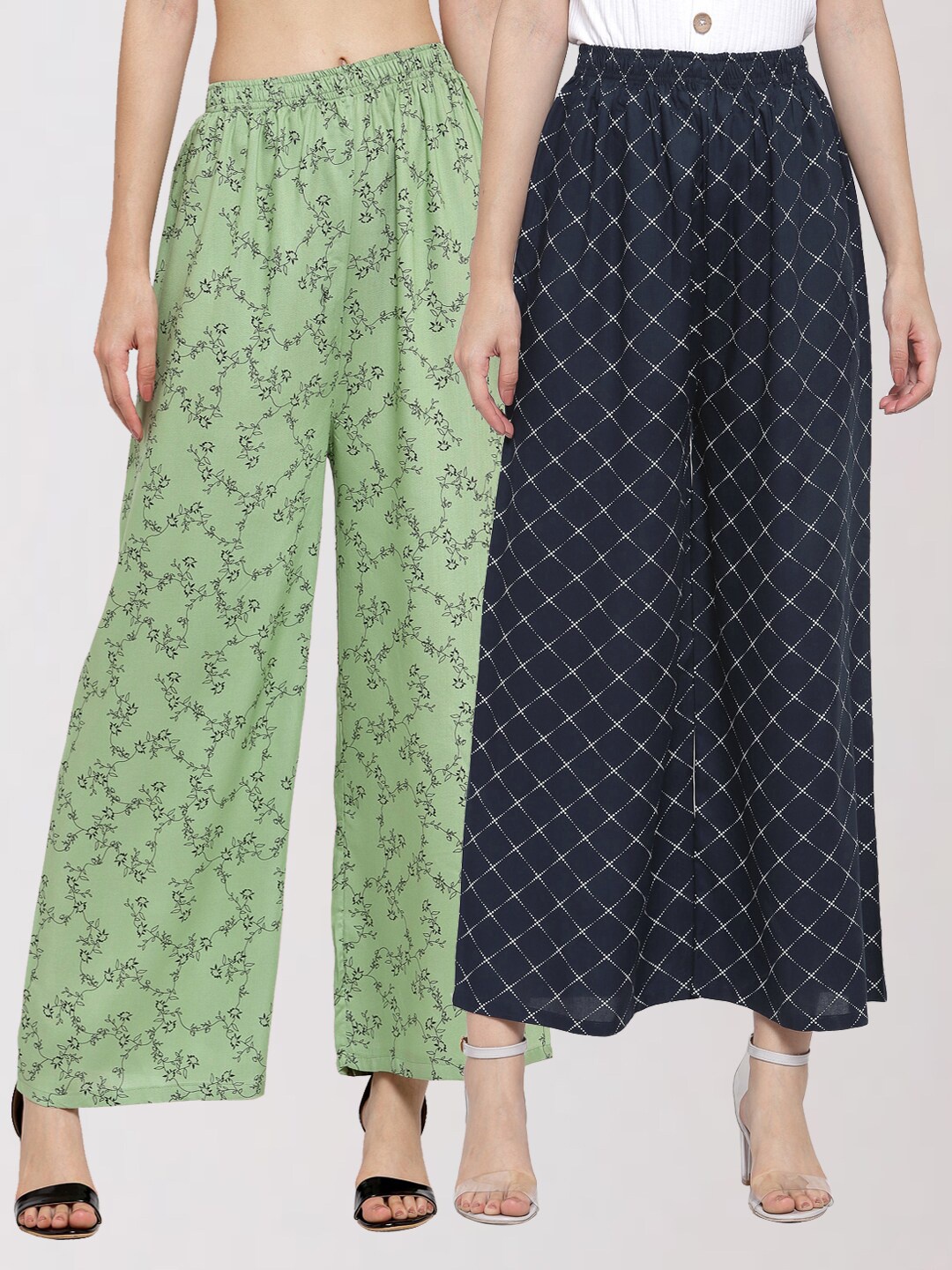 

KLOTTHE Women Navy Blue & Green Set of 2 Checked Palazzos