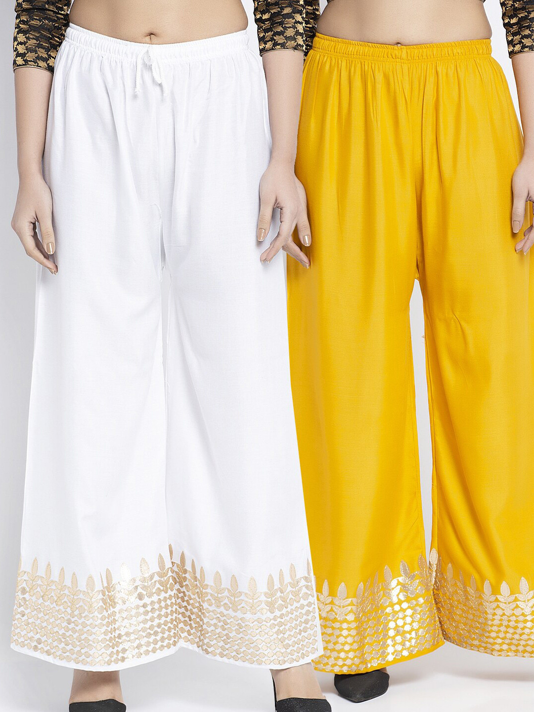 

GRACIT Women Pack Of 2 White & Yellow Hem Design Knitted Palazzos