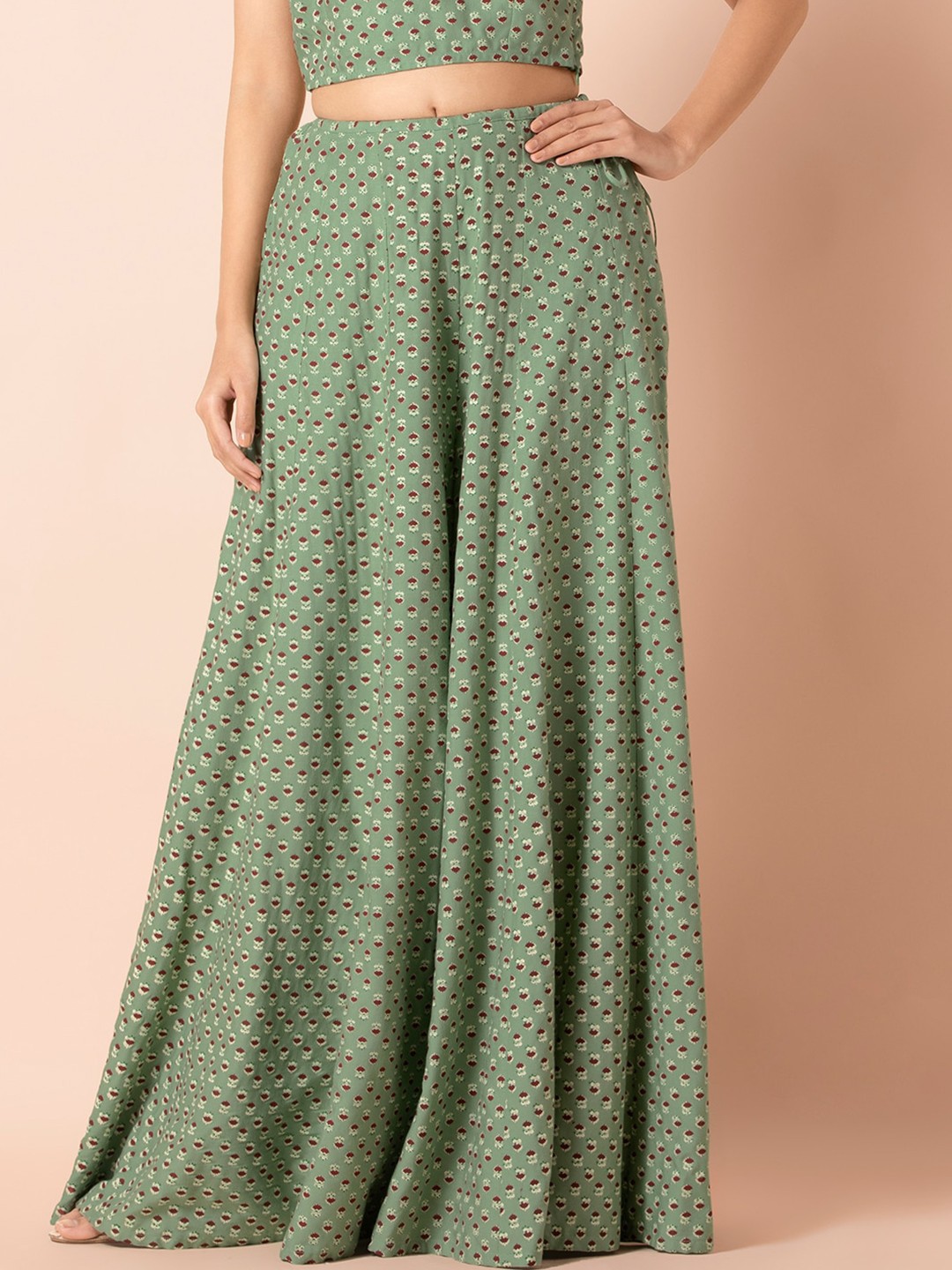 

INDYA Women Green & Maroon Floral Printed Flared Palazzos
