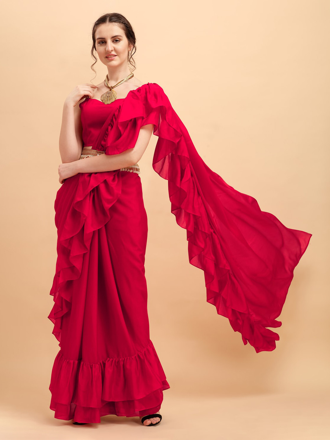

Sangria Red Silk Blend Ruffle Saree