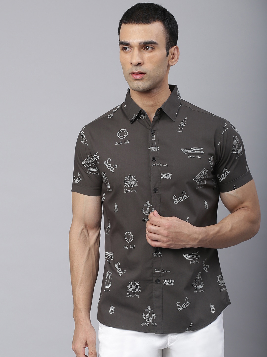 

Dennis Lingo Men Grey Comfort Slim Fit Printed Pure Cotton Casual Shirt