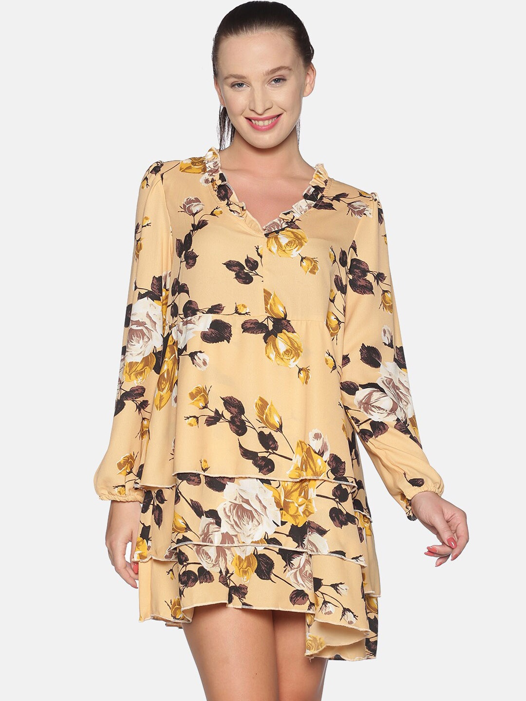 

Campus Sutra Women Mustard Floral Layered A-Line Dress