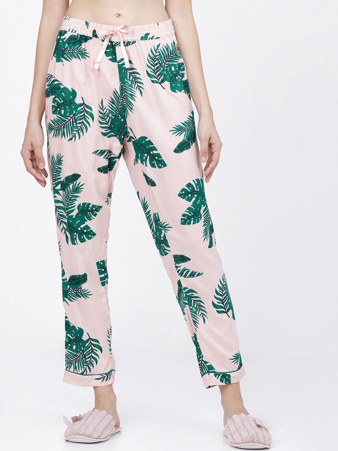 

Tokyo Talkies Women Pink & Green Tropical Printed Lounge Pants