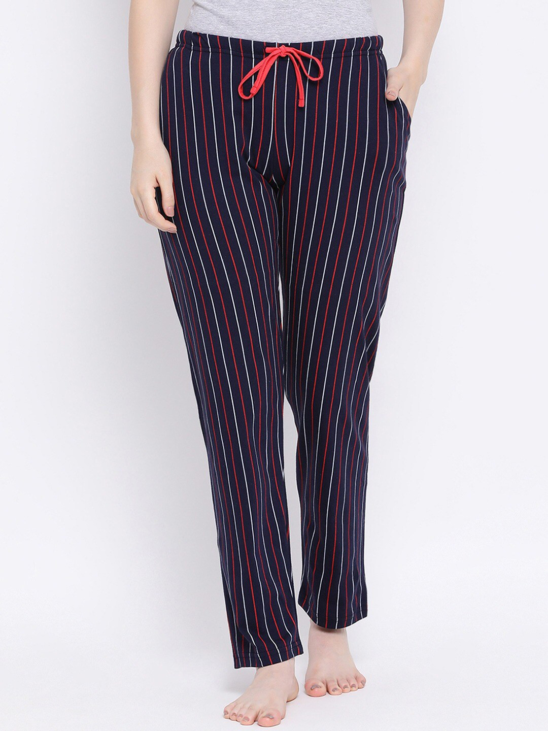 

Kanvin Women Navy Blue & White Striped Pure Cotton Lounge Pants