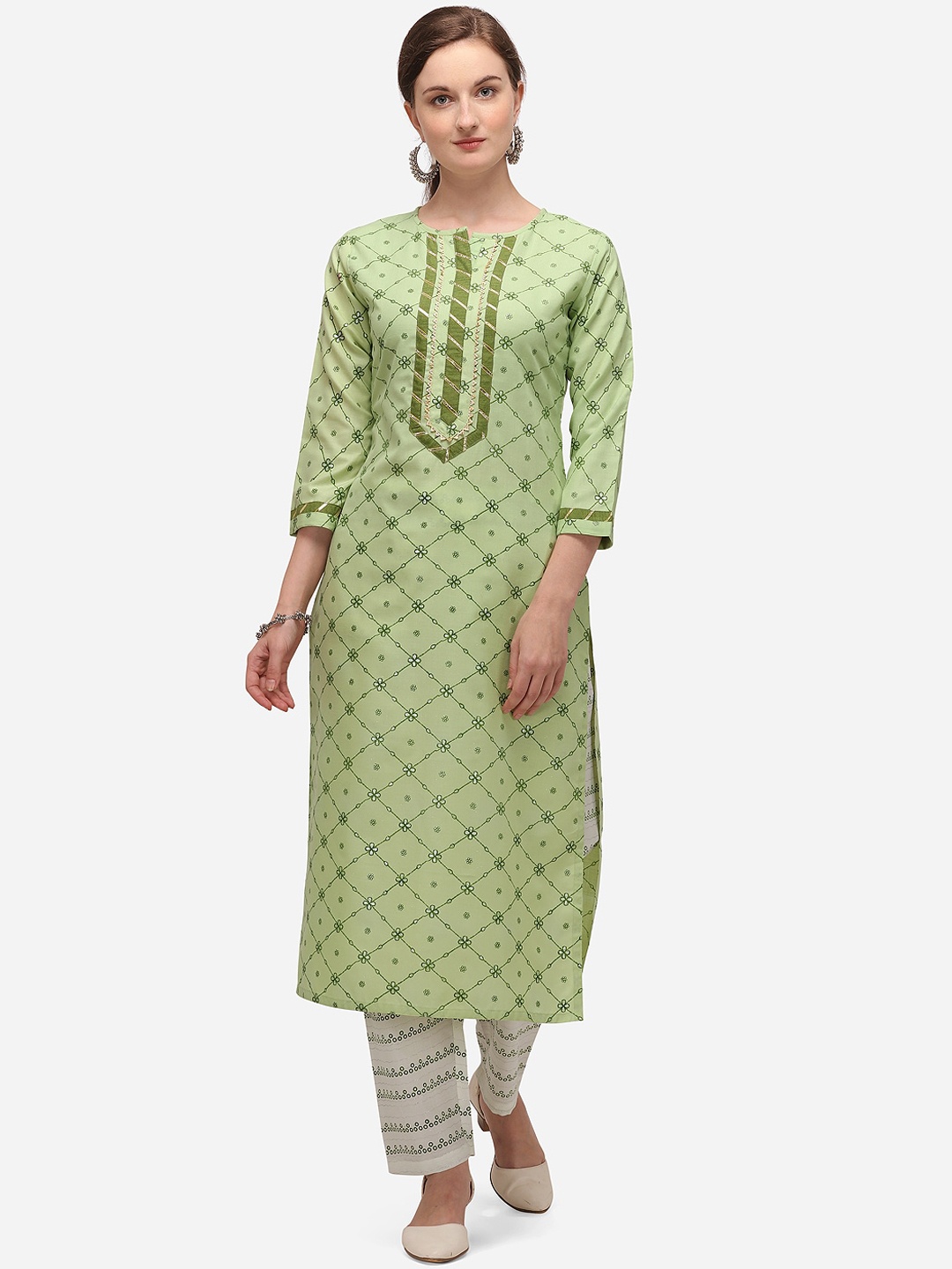 

SheWill Women Green Ethnic Motifs Printed Gotta Patti Kurta with Trousers