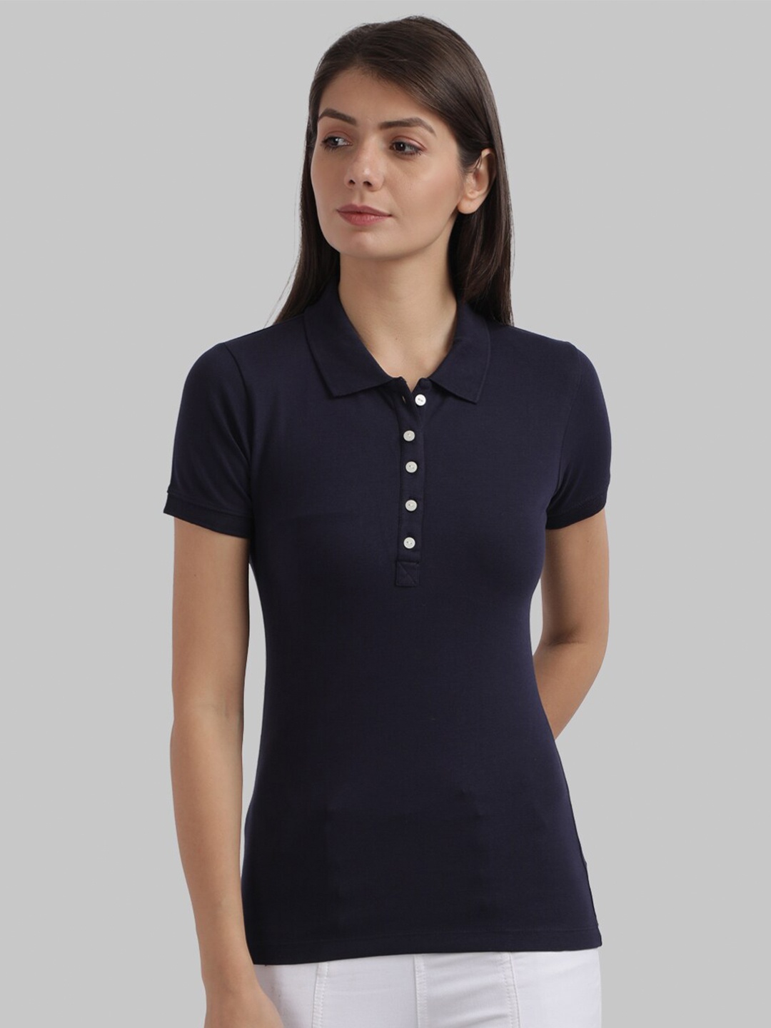 

Parx Women Navy Blue Solid Polo Collar T-Shirt