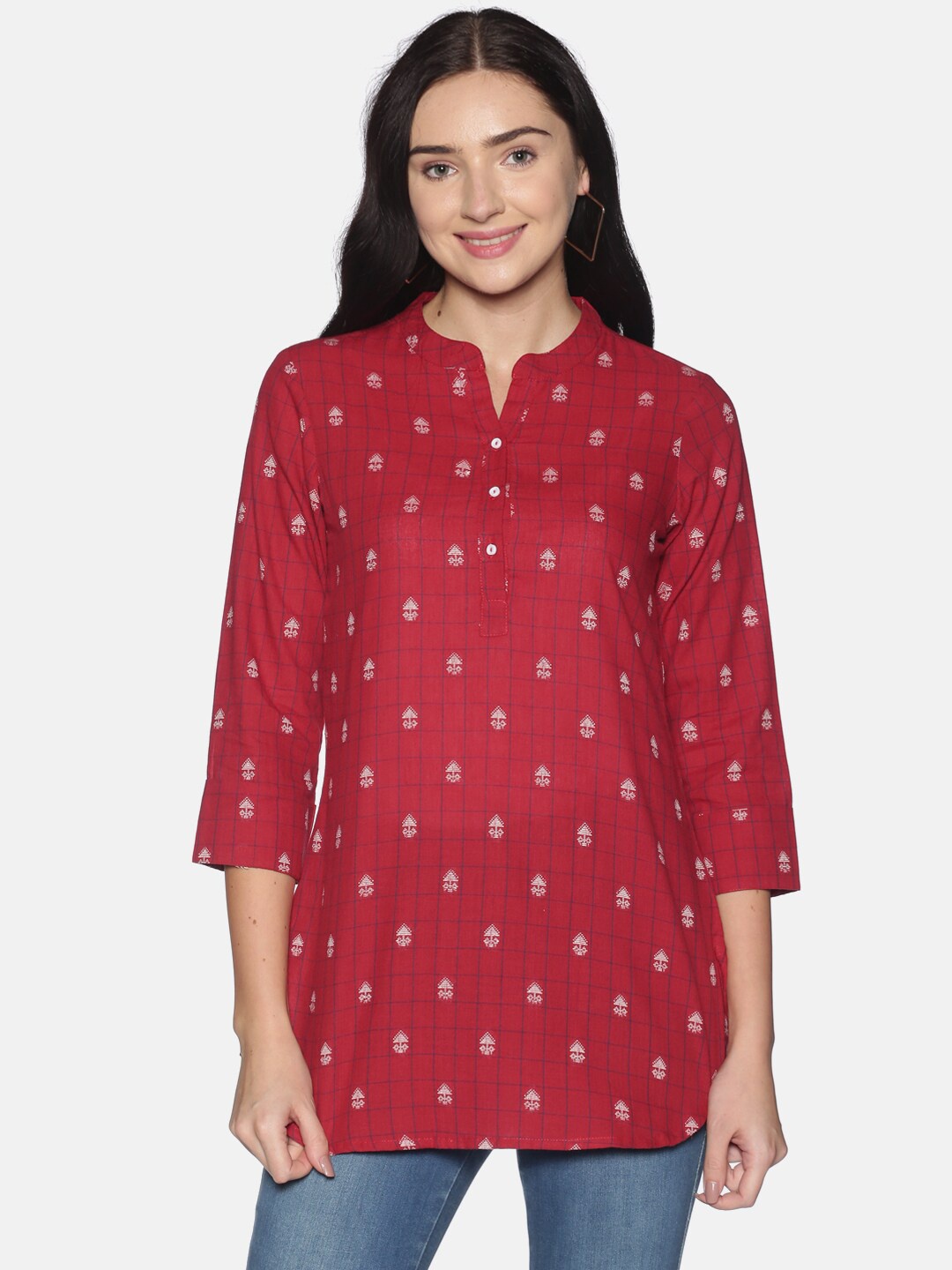 

Saffron Threads Women Maroon Checked Tunic with Mandarin Collar