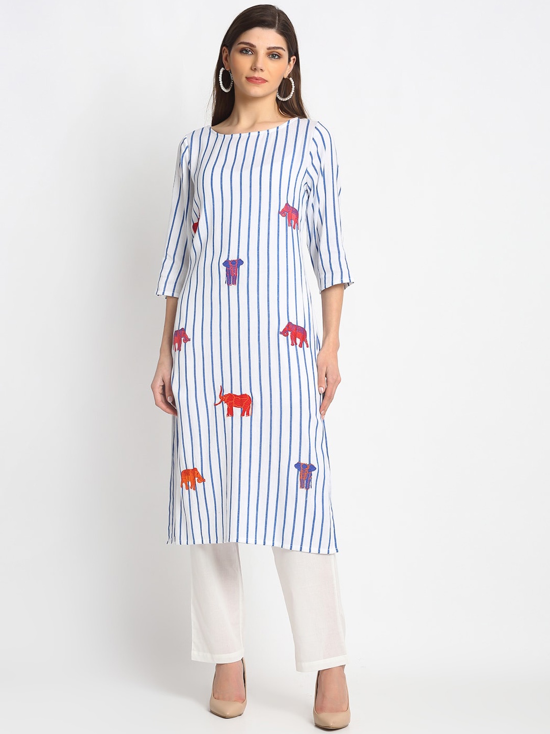 

REME Women White & Blue Striped Kurta
