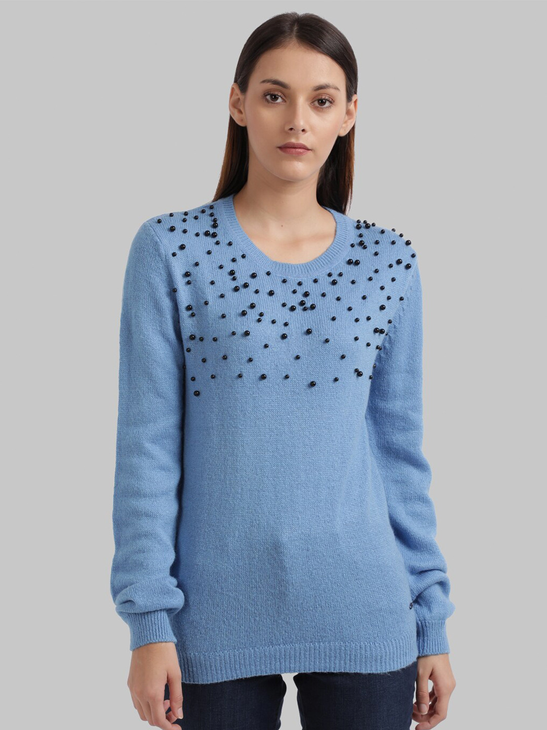 

Parx Women Blue Solid Embellished Pullover Sweater