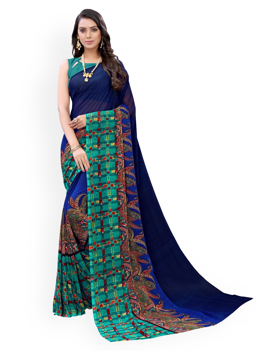 

KALINI Navy Blue & Green Ethnic Motifs Pure Georgette Saree