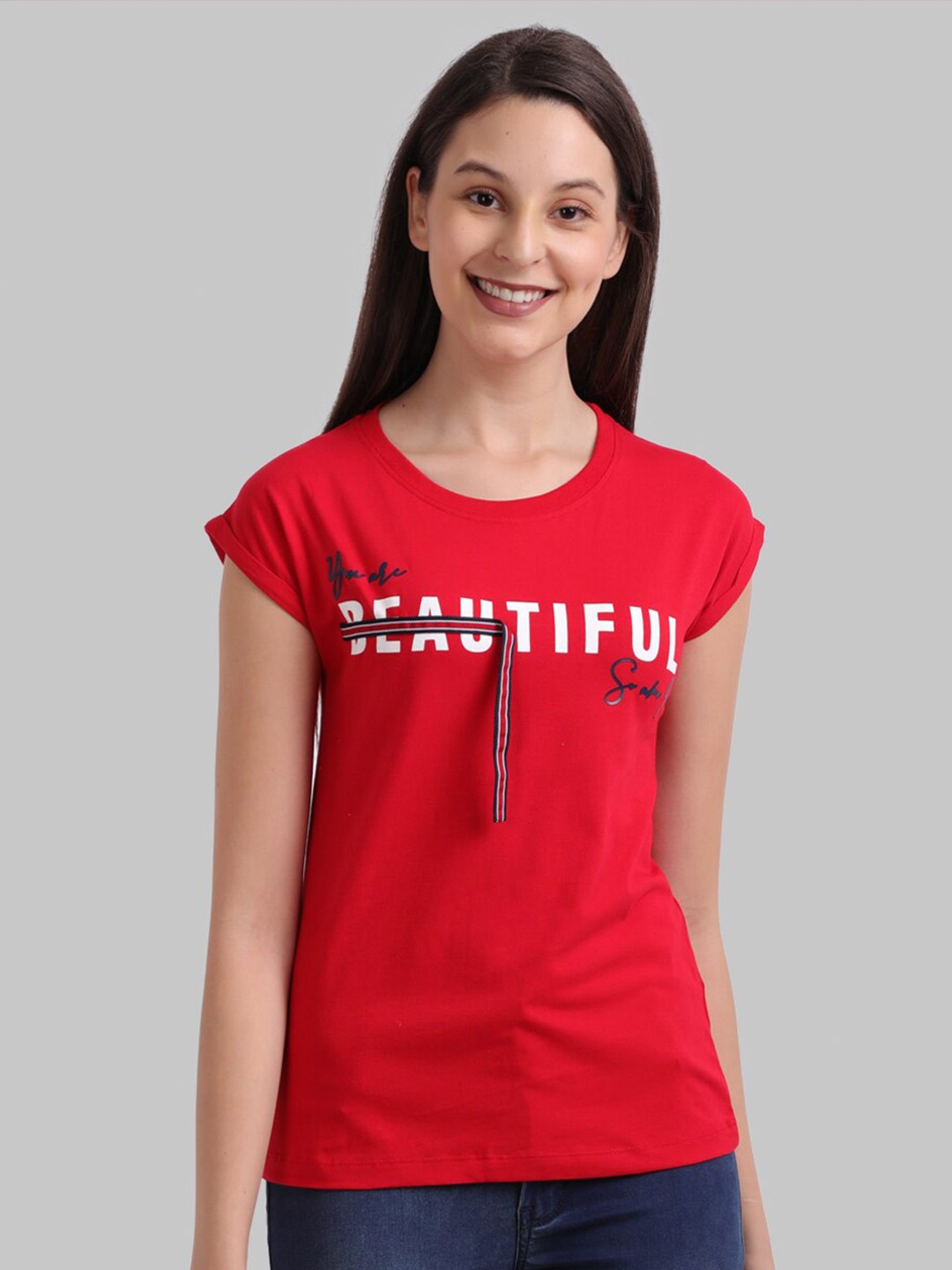 

Parx Women Red Printed Round Neck T-shirt