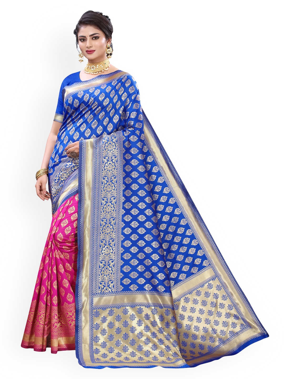 

KALINI Blue Ethnic Motifs Embroidered Half and Half Banarasi Saree
