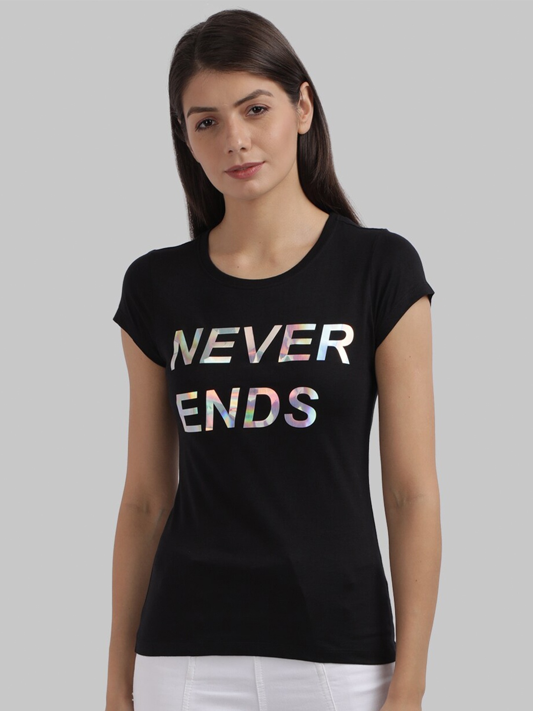

Parx Women Black Iridescent Printed Round Neck T-Shirt