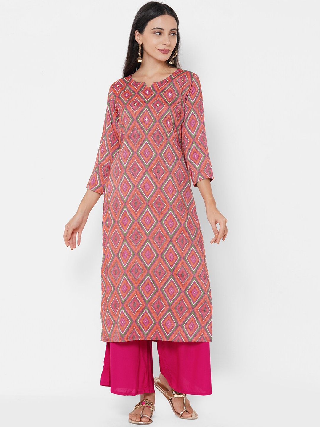 

FASHOR Women Multi Geometric Printed Mirror Work Kurta