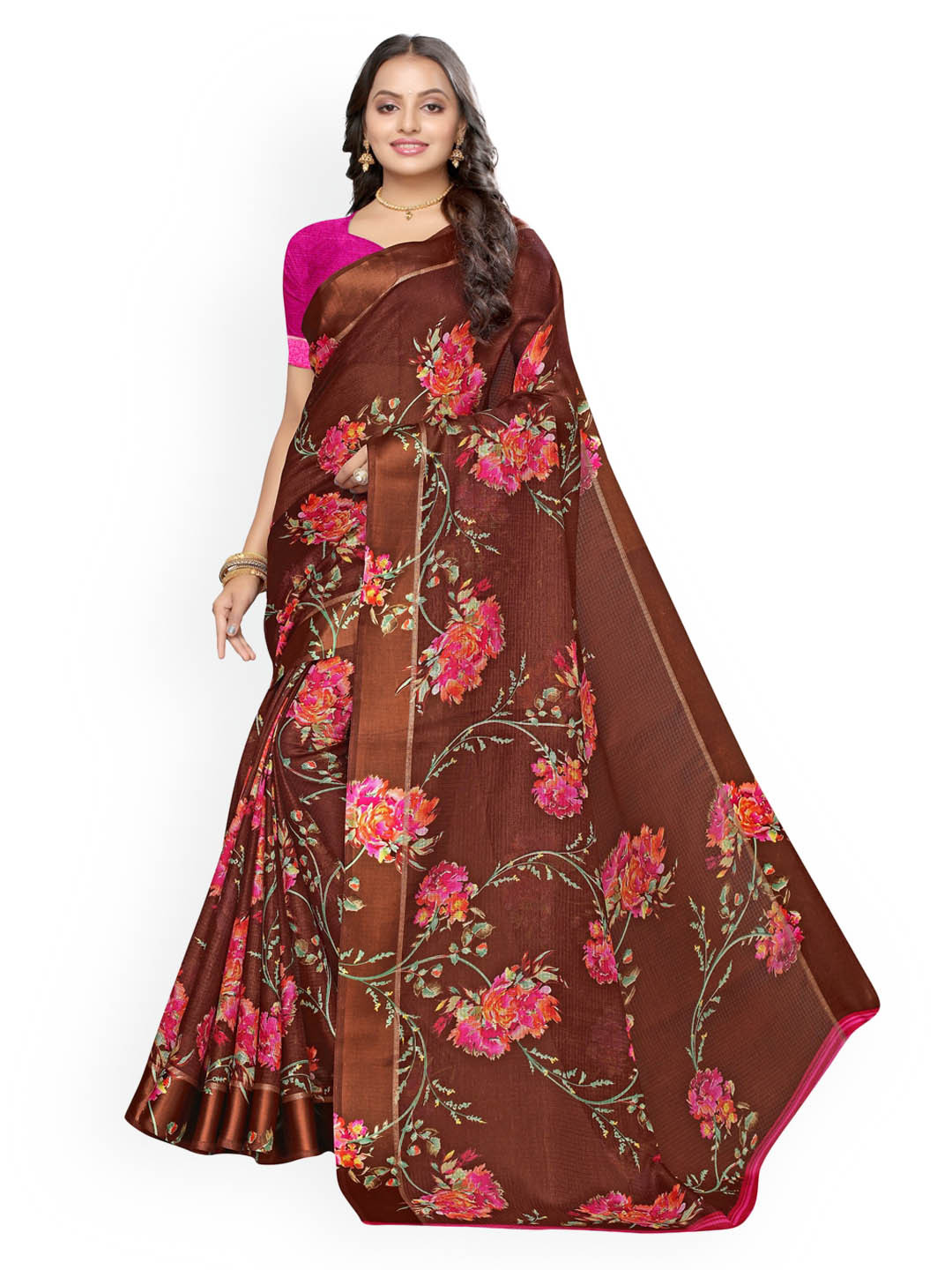 

KALINI Brown Floral Patchwork Heavy Work Saree