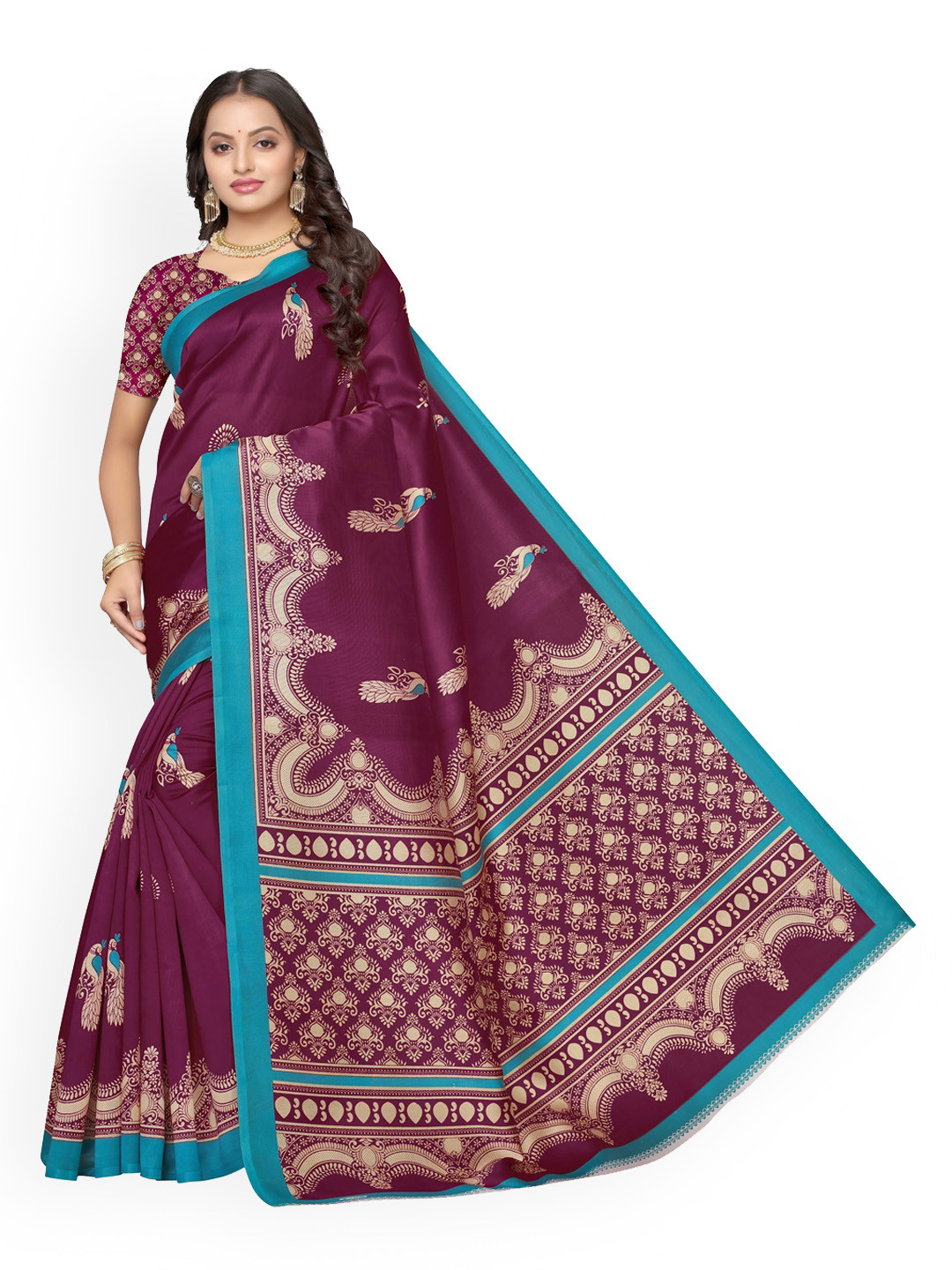 

KALINI Burgundy Ethnic Motifs Printed Poly Silk Saree