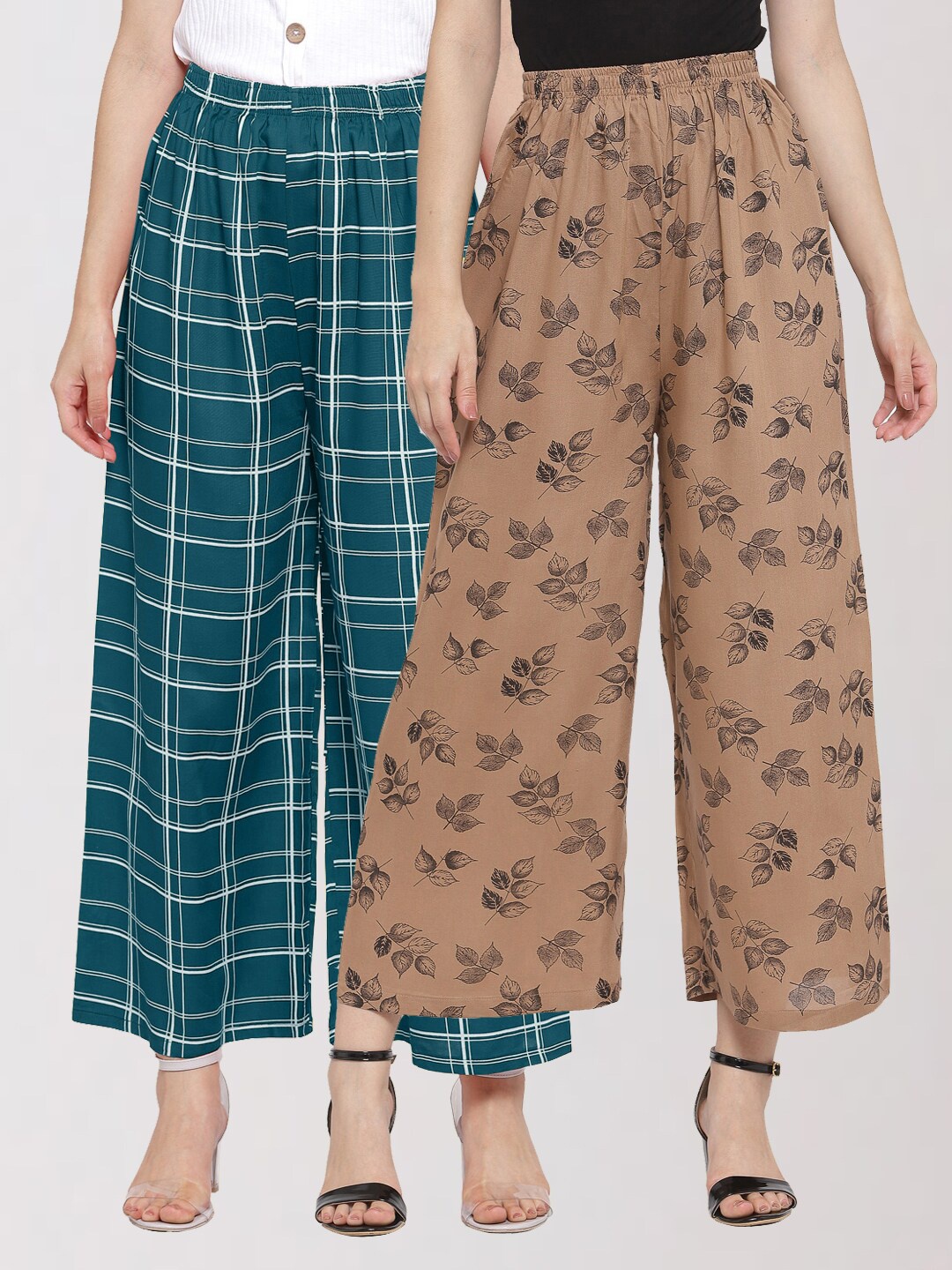 

KLOTTHE Women Set Of 2 Green & Brown Checked Palazzos